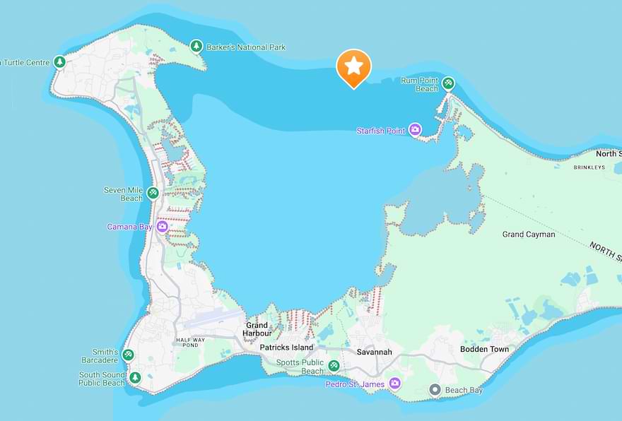Map showing the popular Stingray City Grand Cayman Location