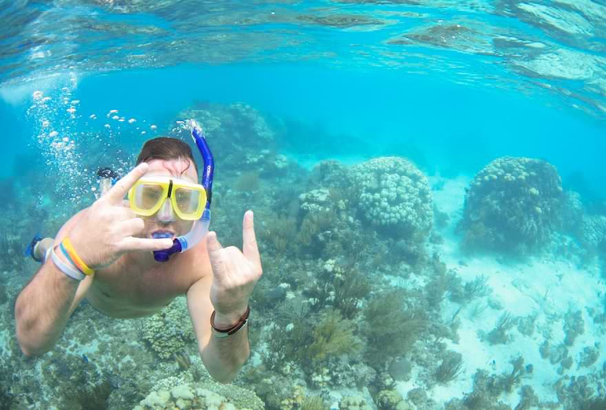 Person snorkeling underwater near a coral reef.