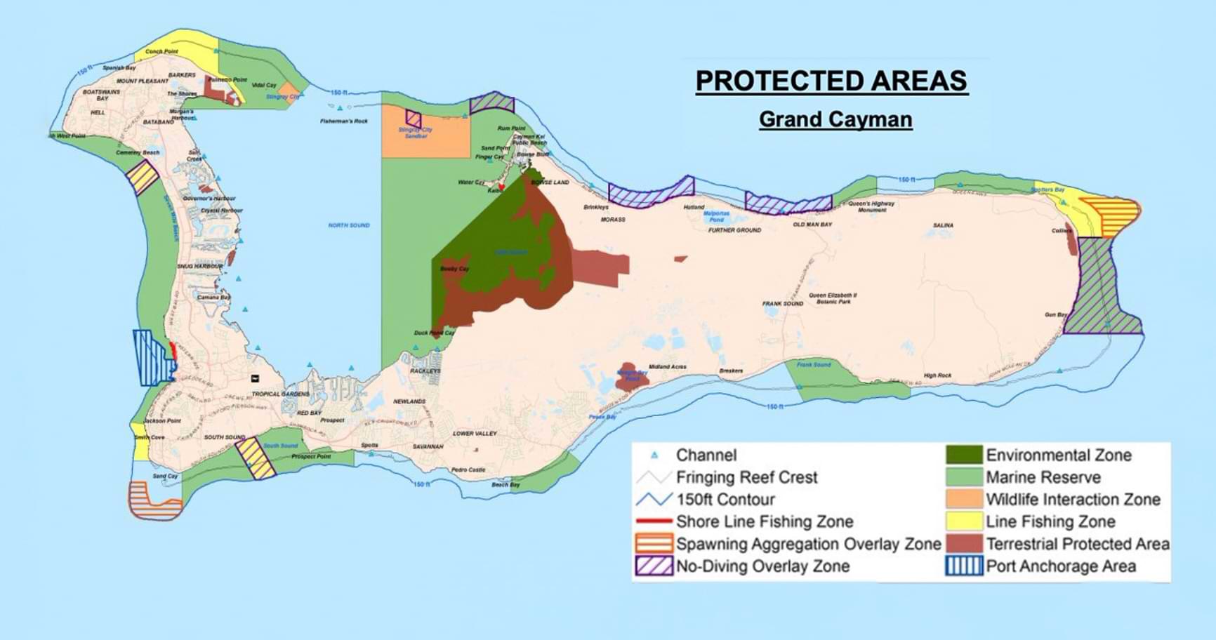 Map of protected areas for fishing and marine zones around Grand Cayman fishing guides.