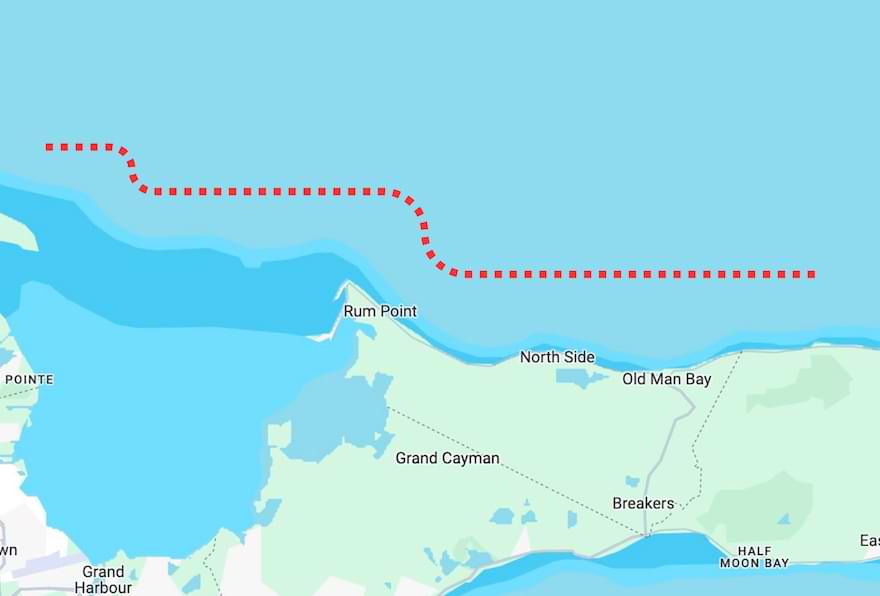Map highlighting the North Wall fishing zone for Grand Cayman island fishing charters