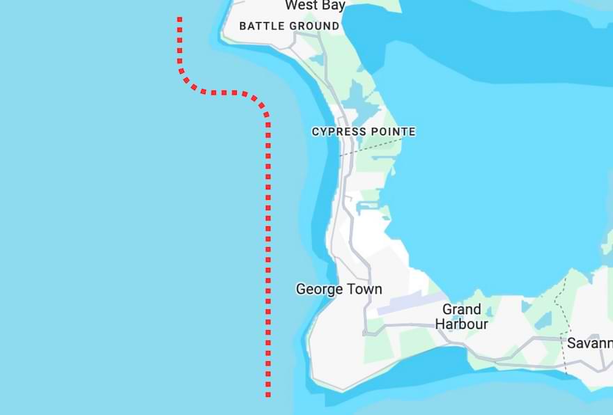 Map showing fishing locations along the west side of the Cayman Islands