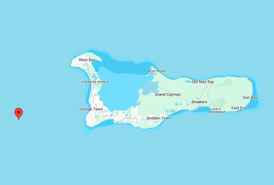 Map indicating the location of the 12-mile bank fishing spot for deep sea fishing Grand Cayman