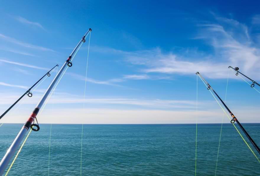 Fishing rods extended over the calm sea on a Grand Cayman fishing charter