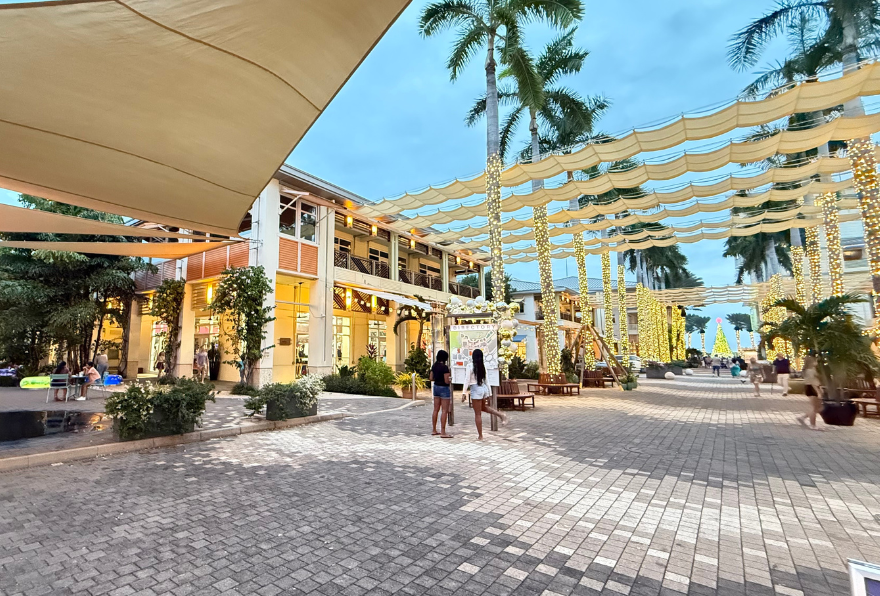 Vibrant outdoor dining and shopping area at Camana Bay in Grand Cayman