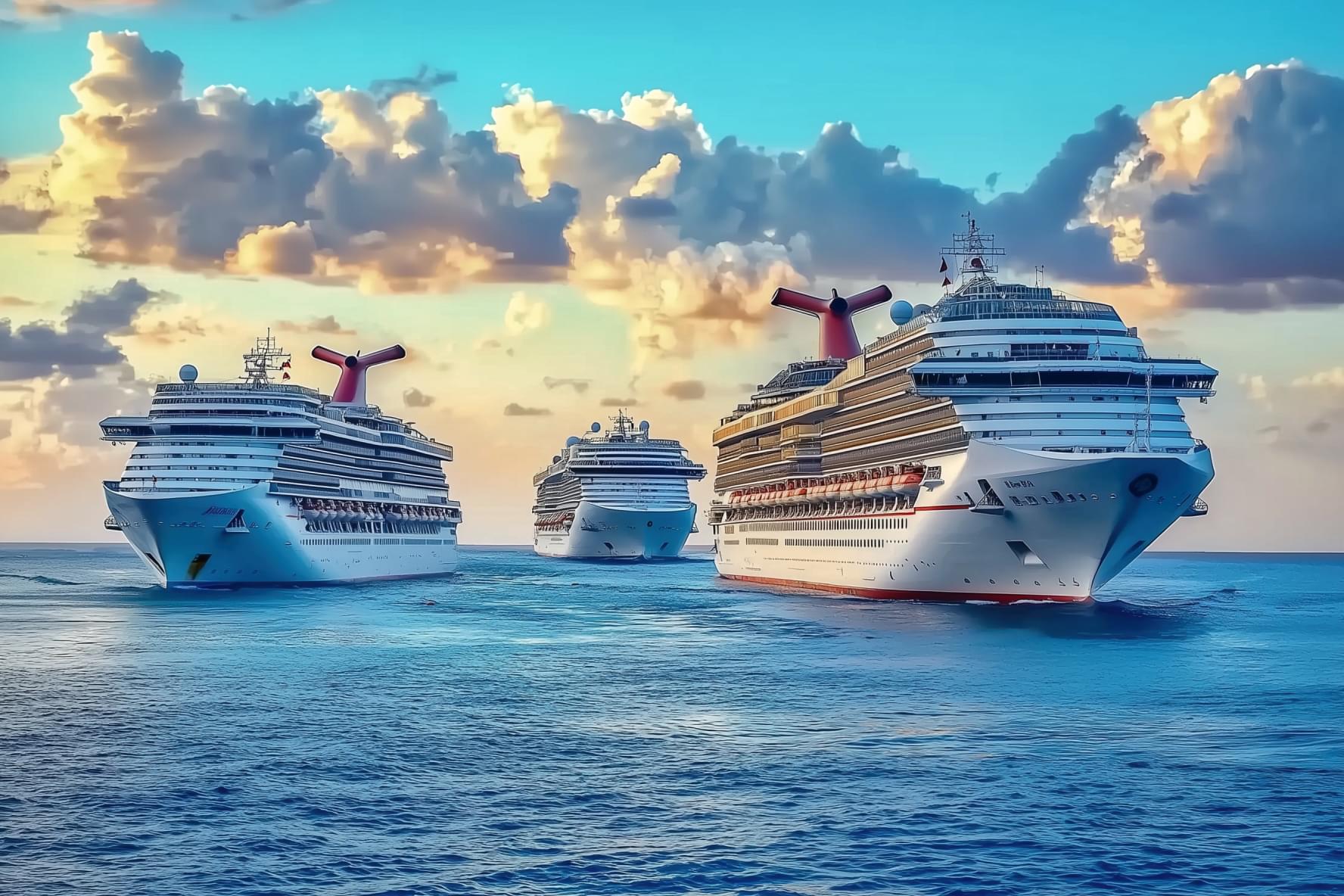 Three cruise ships sailing under a vibrant sunset sky