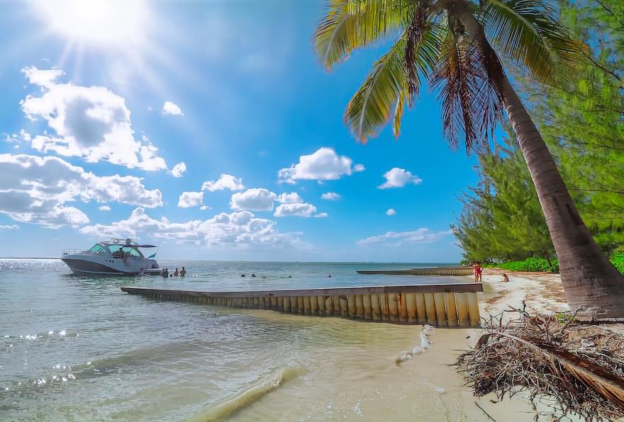 A boat near a palm tree-lined shore with clear skies and people wading in the water at Starfish Point Cayman