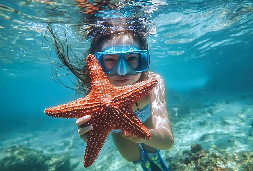 Girl snorkeling underwater, holding a bright orange starfish near Starfish Point Cayman Islands.