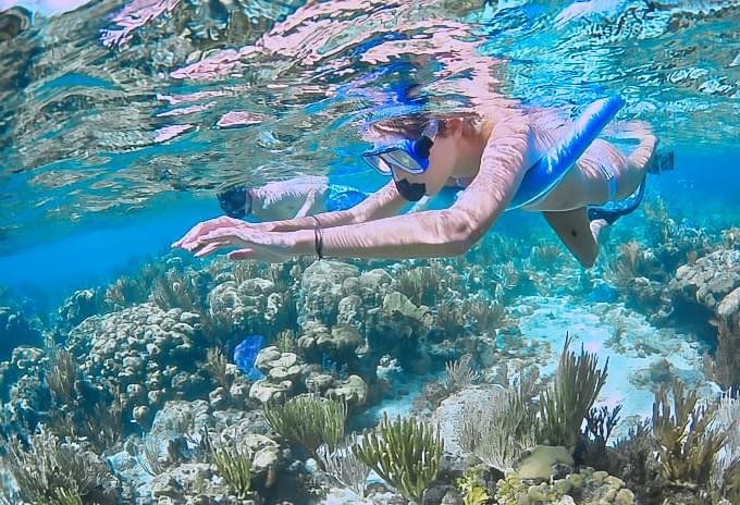 Woman snorkeling over colorful coral reef in the Cayman Islands