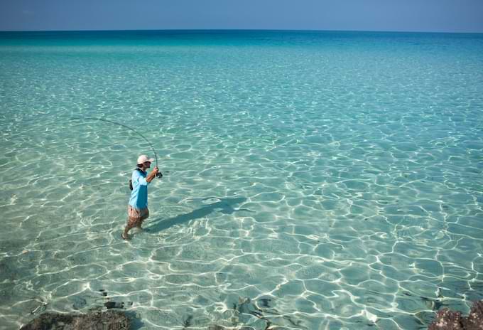 Person fly-fishing in the clear shallow waters within the Grand Cayman fishing season