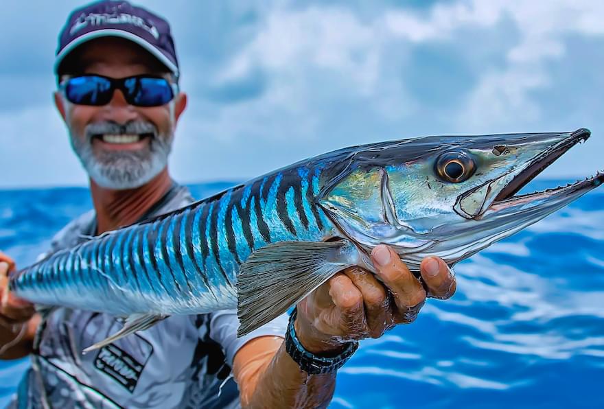 Smiling angler holding a striped wahoo fish during a fishing trip