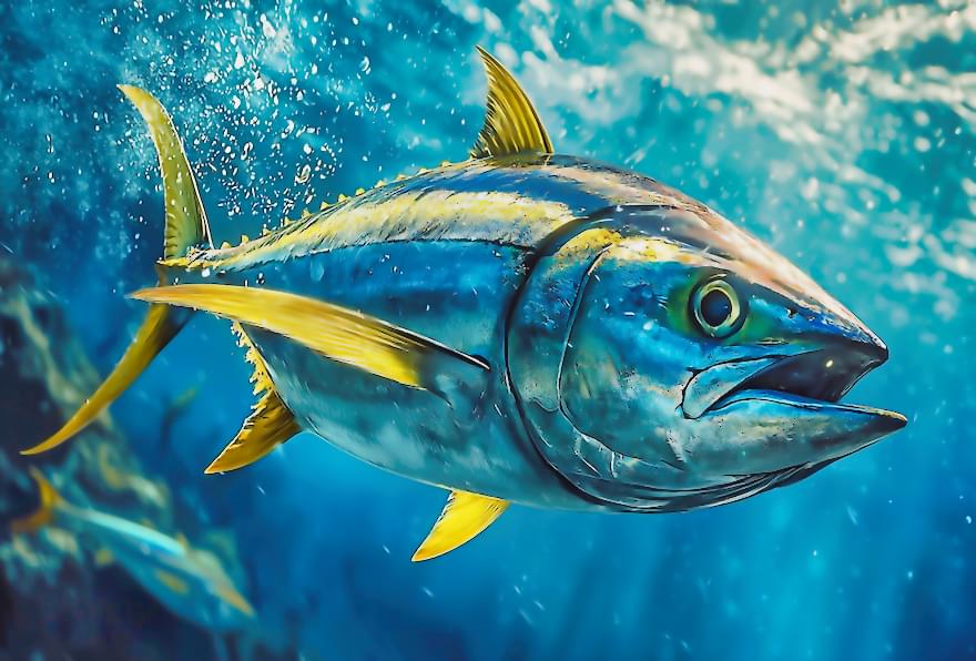 Yellowfin tuna swimming in deep ocean waters during Cayman deep sea fishing