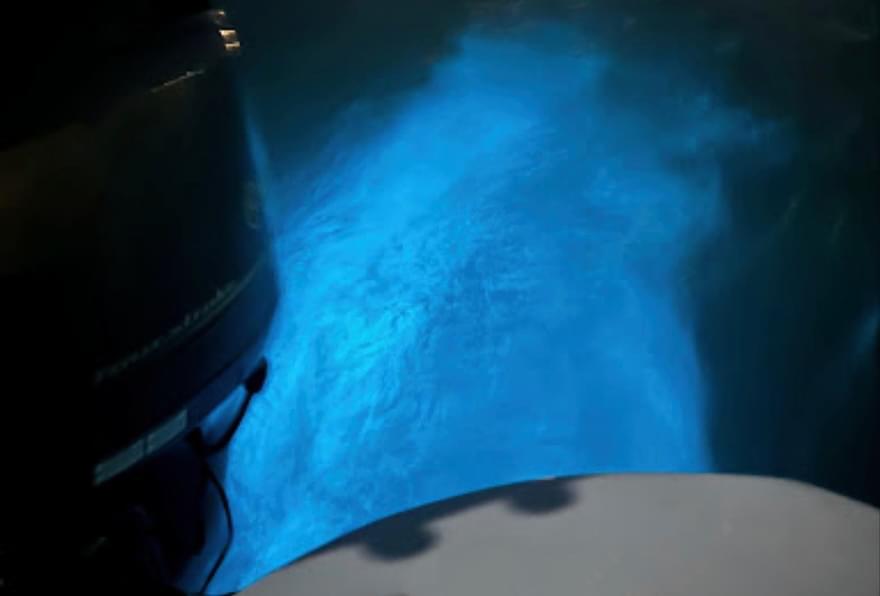 Bioluminescent glow in the waters of Bio Bay during a night boat ride in Grand Cayman