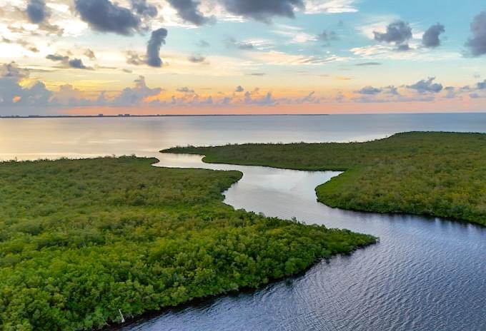Aerial view of the lush Booby Cay in Grand Cayman at sunset during a catamaran sunset cruise in Grand Cayman.