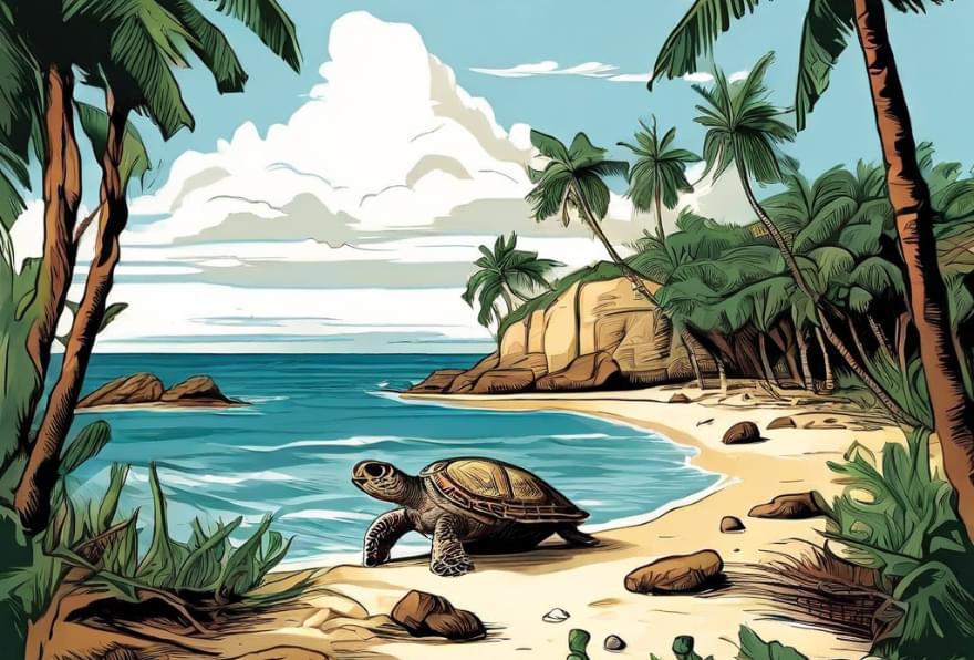 A sea turtle on a pristine beach in the Cayman Islands, showcasing the rich connection to Cayman Islands history