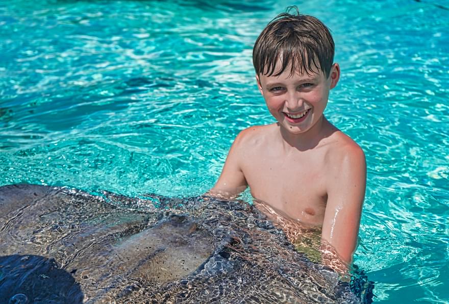 A boy holding a stingray at Stingray City, a key attraction on the Grand Cayman Island map