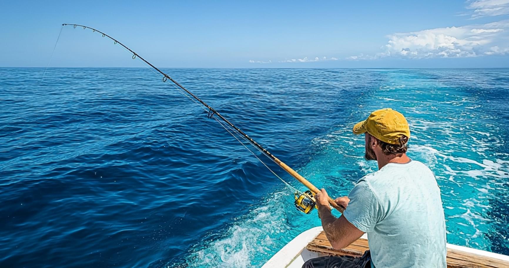 A fisherman reeling in a catch during a fishing trip in the Cayman Islands, enjoying the clear waters