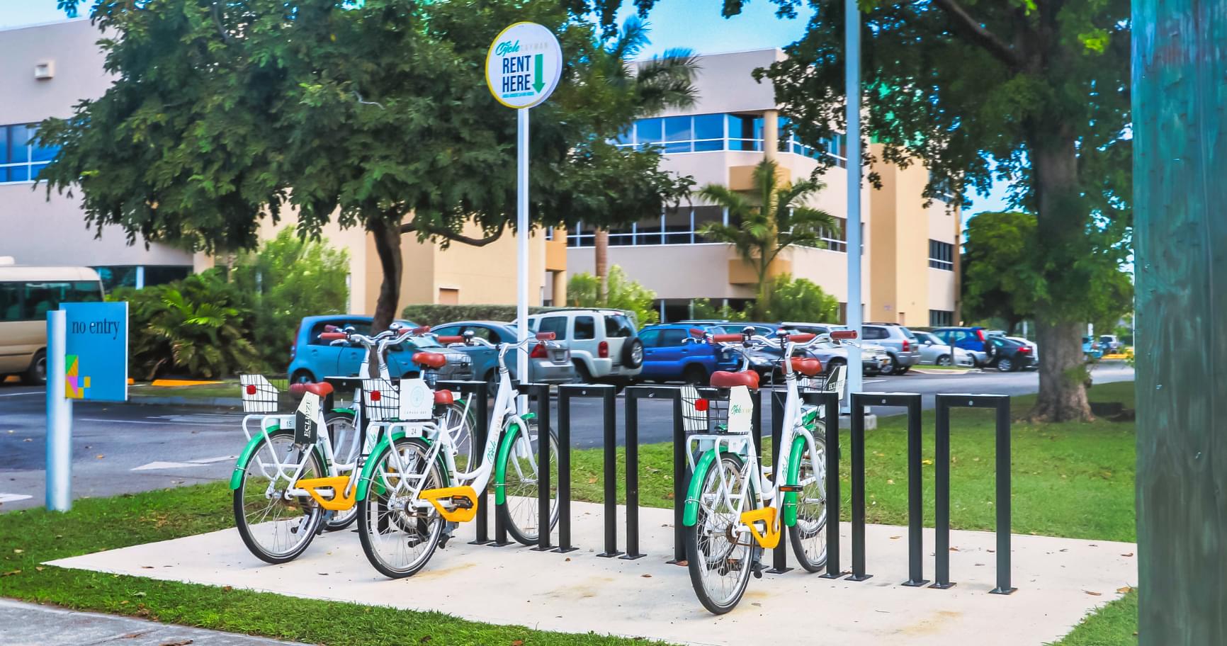 Bicycle racks near a busy shopping center are ideal for those interested in bike rental in Grand Cayman