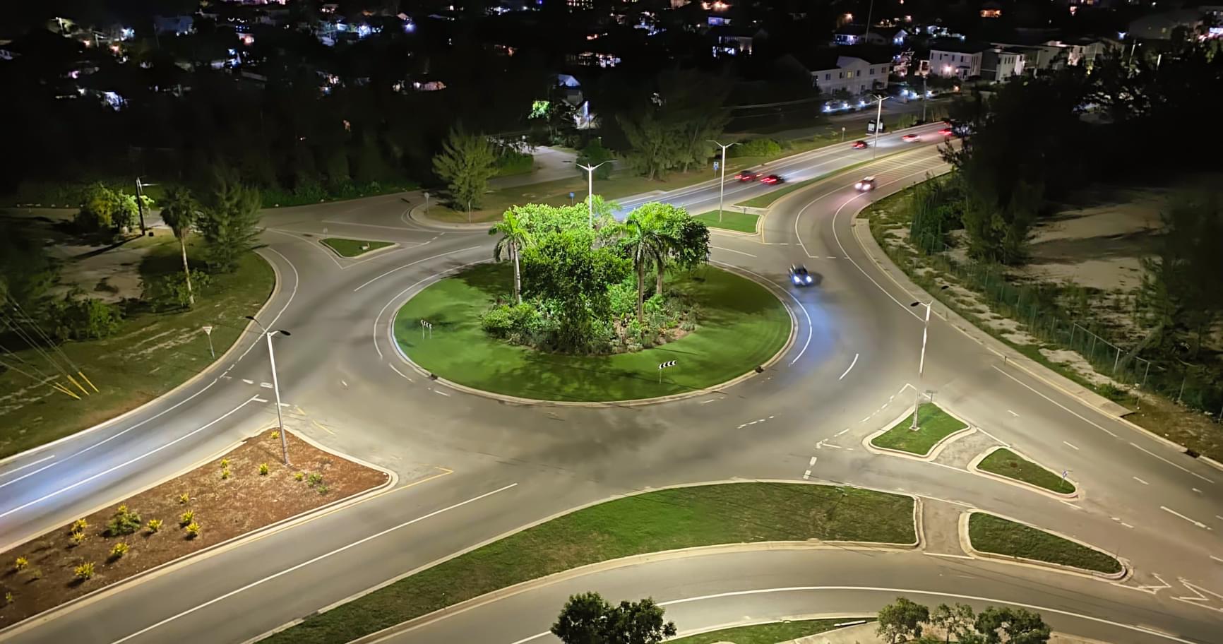 Overhead view of a roundabout, representing easy navigation with car rentals in Grand Cayman