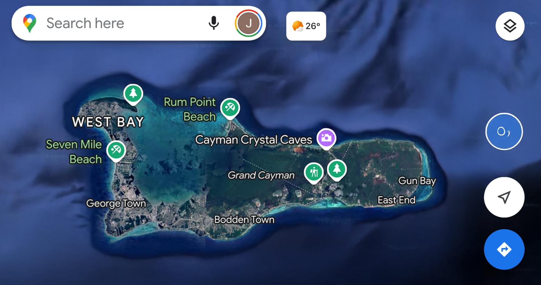 Navigation map highlighting routes and stops, ideal for travelers with rental cars in Grand Cayman