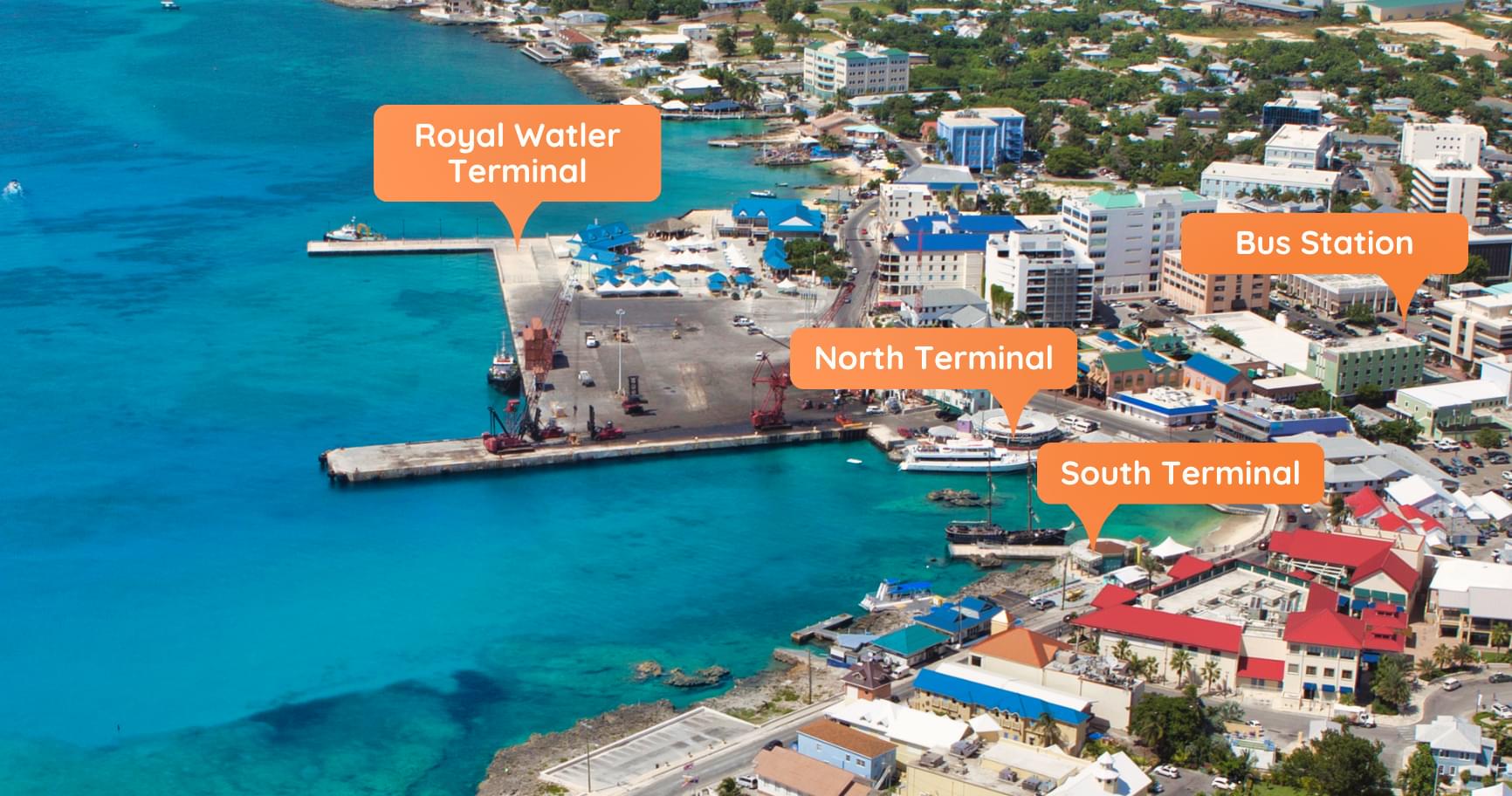 Aerial view of Cayman Island cruise port map and surrounding attractions