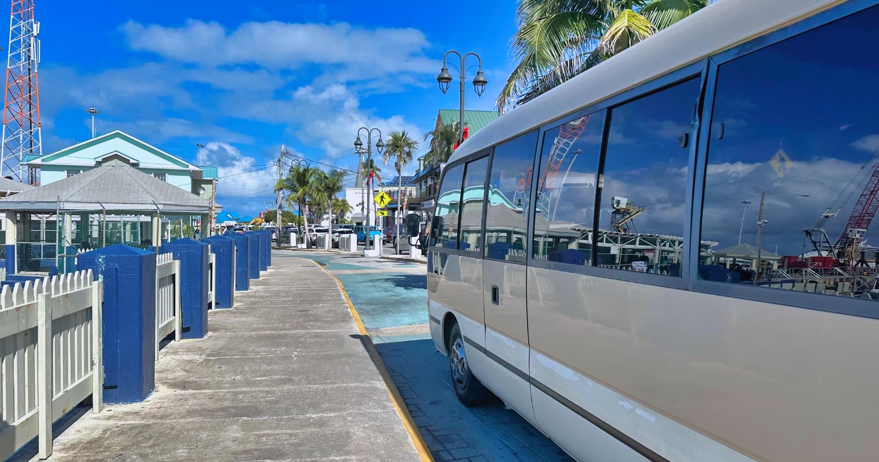 Shuttle buses waiting at the George Town Grand Cayman cruise port for transportation