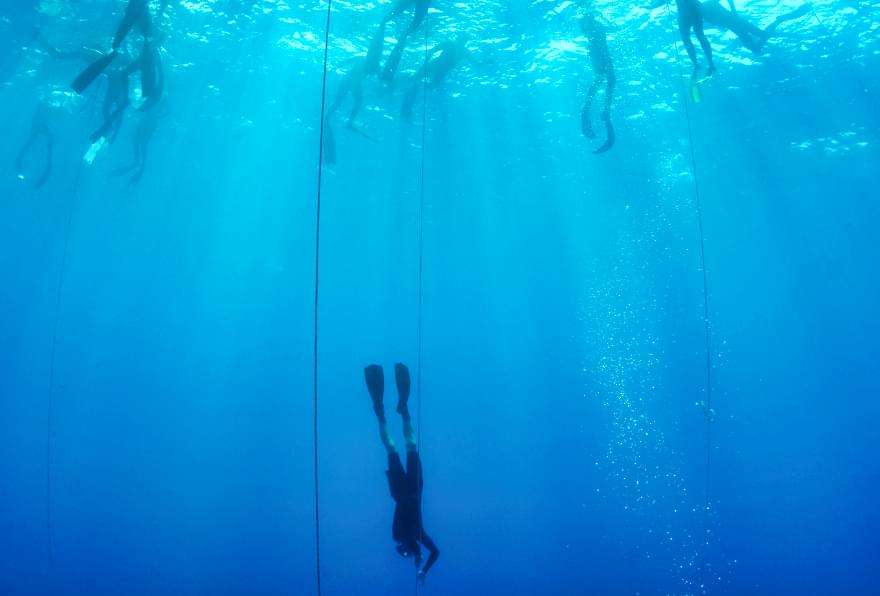Free diver descending into vibrant blue waters, a thrilling adventure in Grand Cayman.