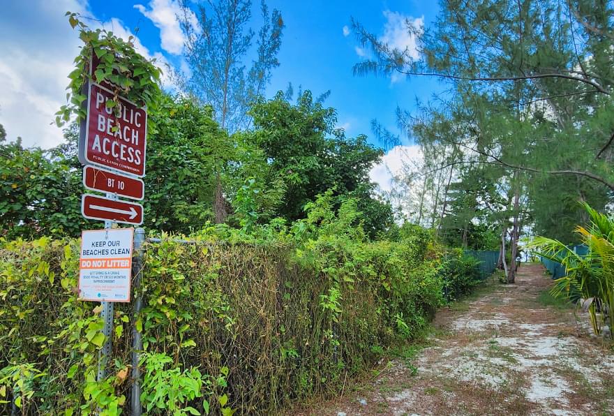 Public beach access trail surrounded by tropical greenery in Grand Cayman