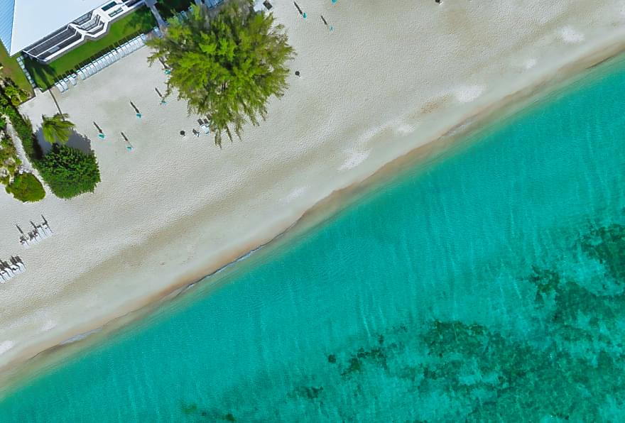 Aerial view of Governor’s Beach on Seven Mile Beach, Grand Cayman, a peaceful retreat