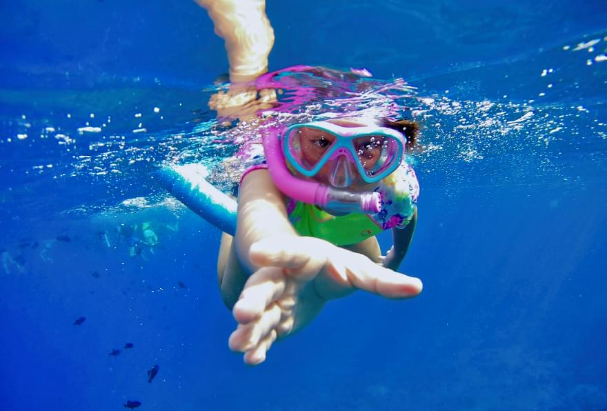 Snorkeler surrounded by vibrant coral reefs and marine life in Grand Cayman’s tropical waters, part of the best snorkeling in Grand Cayman