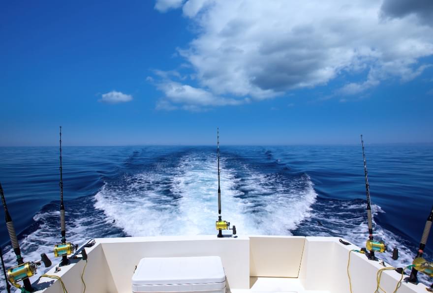 Wake trail behind a boat during a deep-sea Grand Cayman fishing excursions