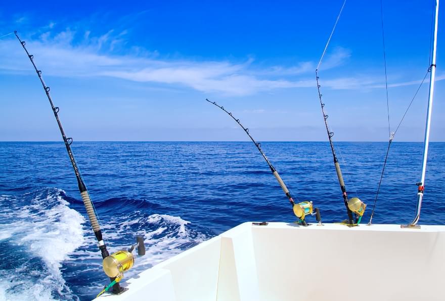 Fishing rods on a boat, ready for a deep-sea fishing adventure