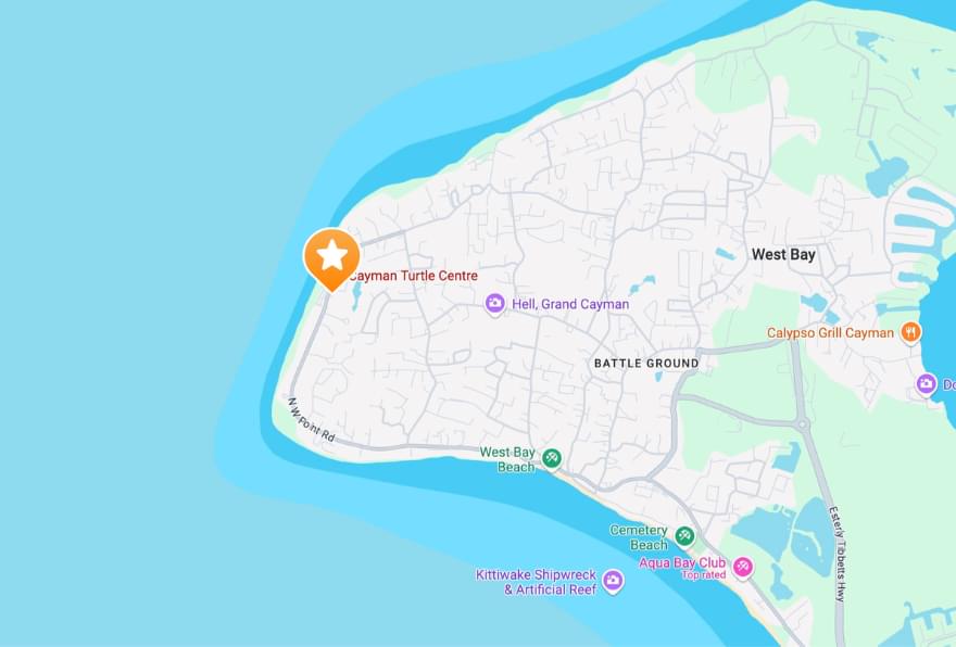 Map showing the location of the Cayman Turtle Centre, helping visitors plan their trip.