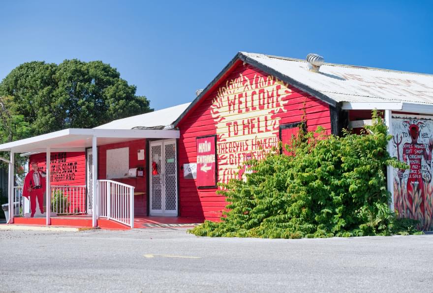 Red-painted Hell Post Office, a famous landmark in Hell Grand Cayman