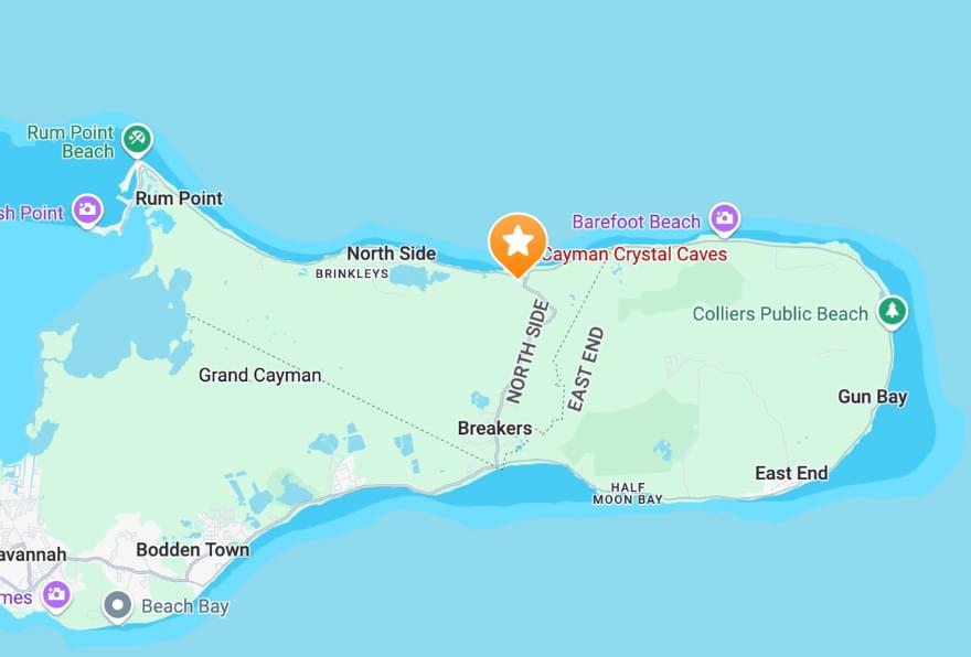 Map of the Crystal Caves Grand Cayman, providing essential location details for visitors