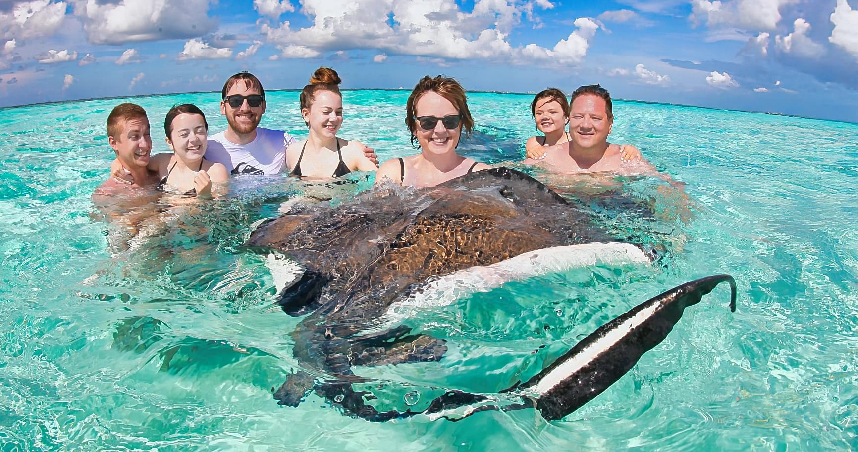 Group of tourists enjoying interaction with stingrays in Stingray City