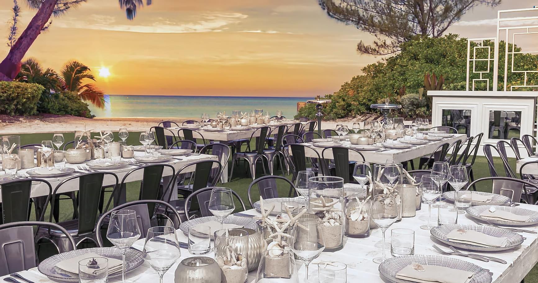 Elegant reception setup for a Grand Cayman wedding with stunning views