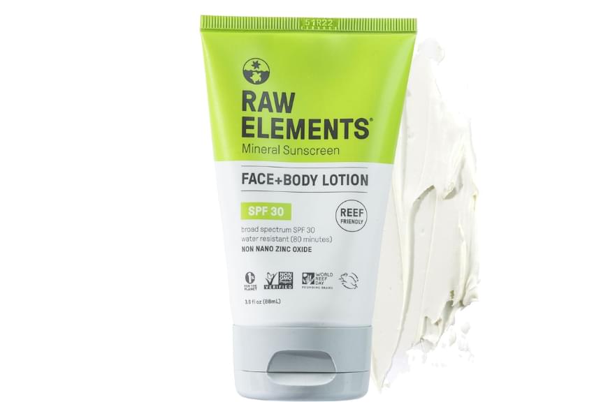 Raw Elements Eco Sunscreen Lotion SPF 30, biodegradable and made with reef safe sunscreen ingredients