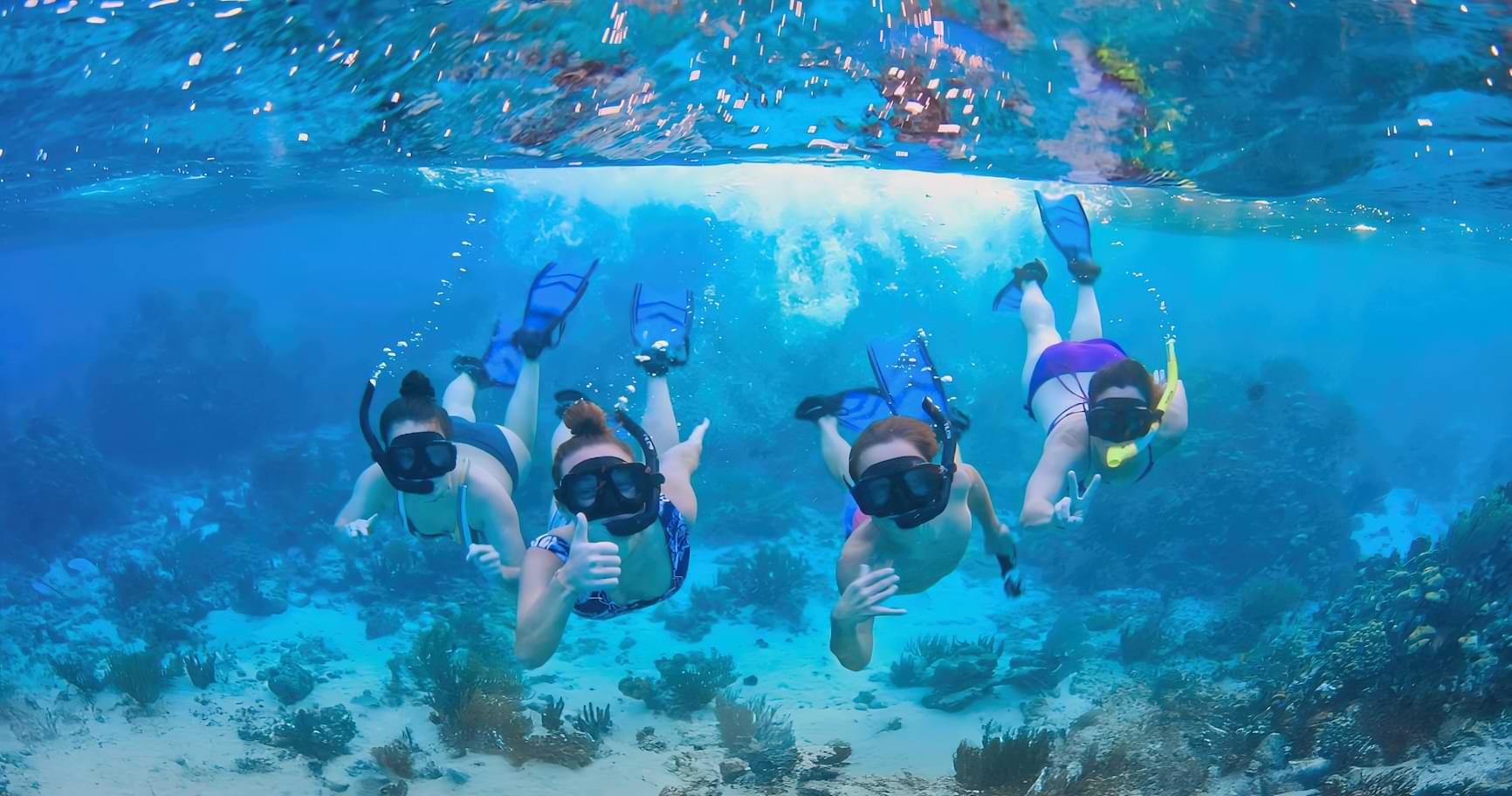 Four snorkelers exploring the underwater world of the Cayman Islands