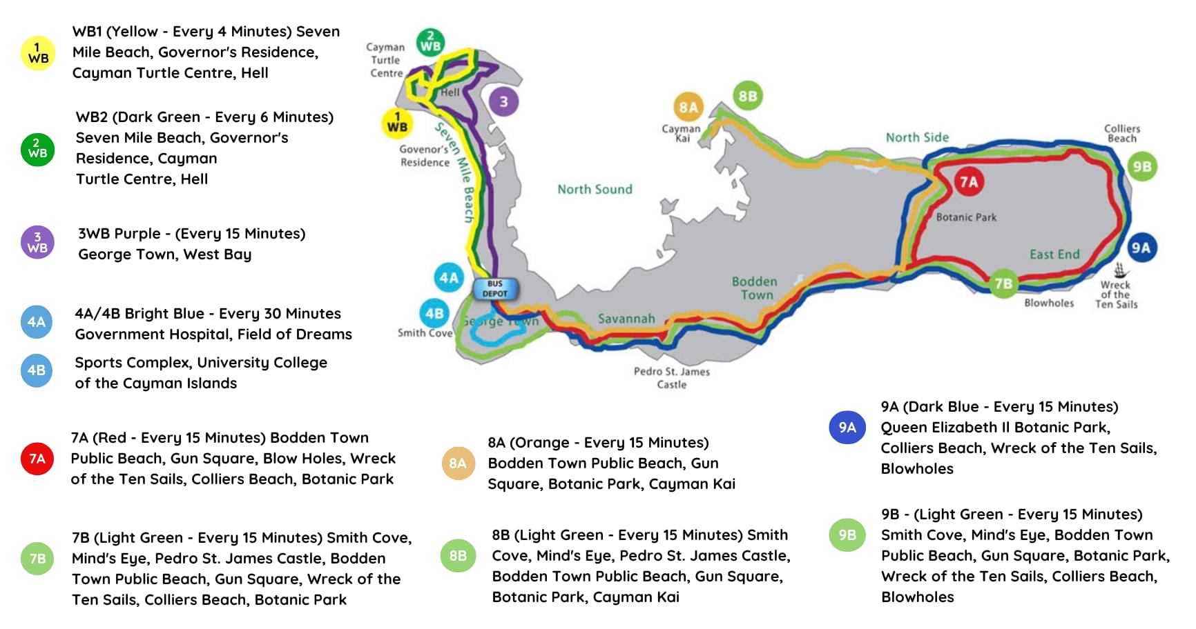 A detailed map of bus stops and routes is a useful tool for easily navigating the Grand Cayman bus map