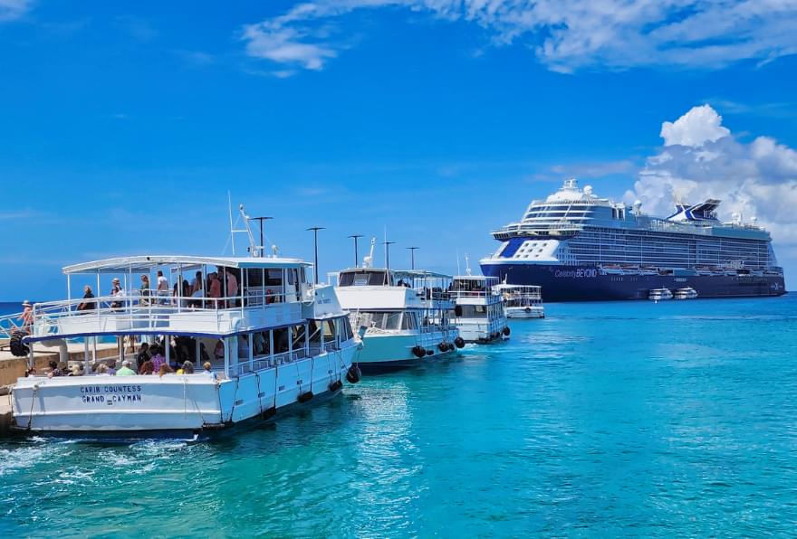 Cruise ships docked, offering easy access to stingray city tours for visitors