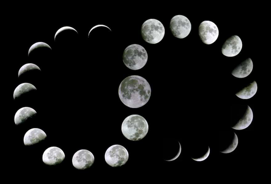 phases of the moon shown in circular sequence against a black night sky
