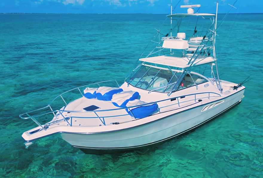 38ft rampage sportfishing boat in shallow caribbean water