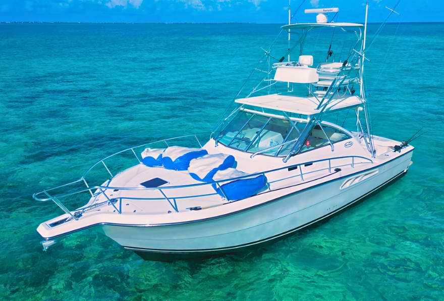 38ft rampage sportfishing boat in clear turquoise water