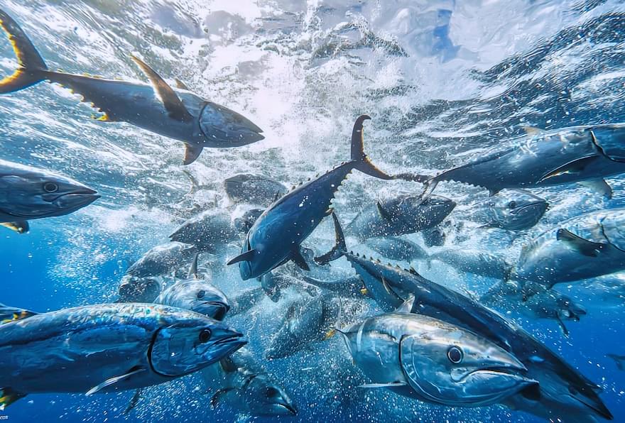 school of tuna swimming in open ocean near grand cayman